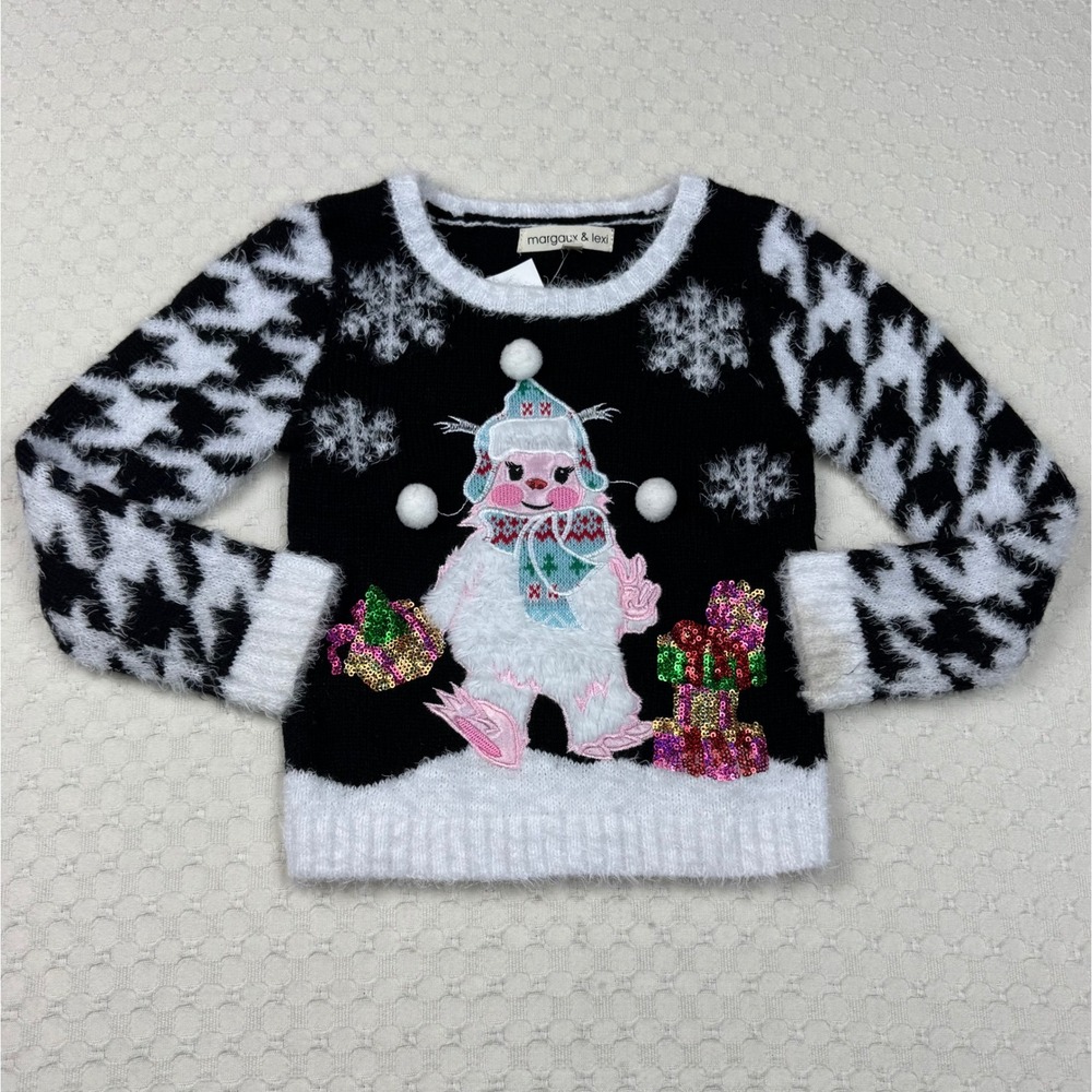 Margaux & Lexi Girls‎ Size 4 Black White Snowman Sequin Ugly Sweater Holiday